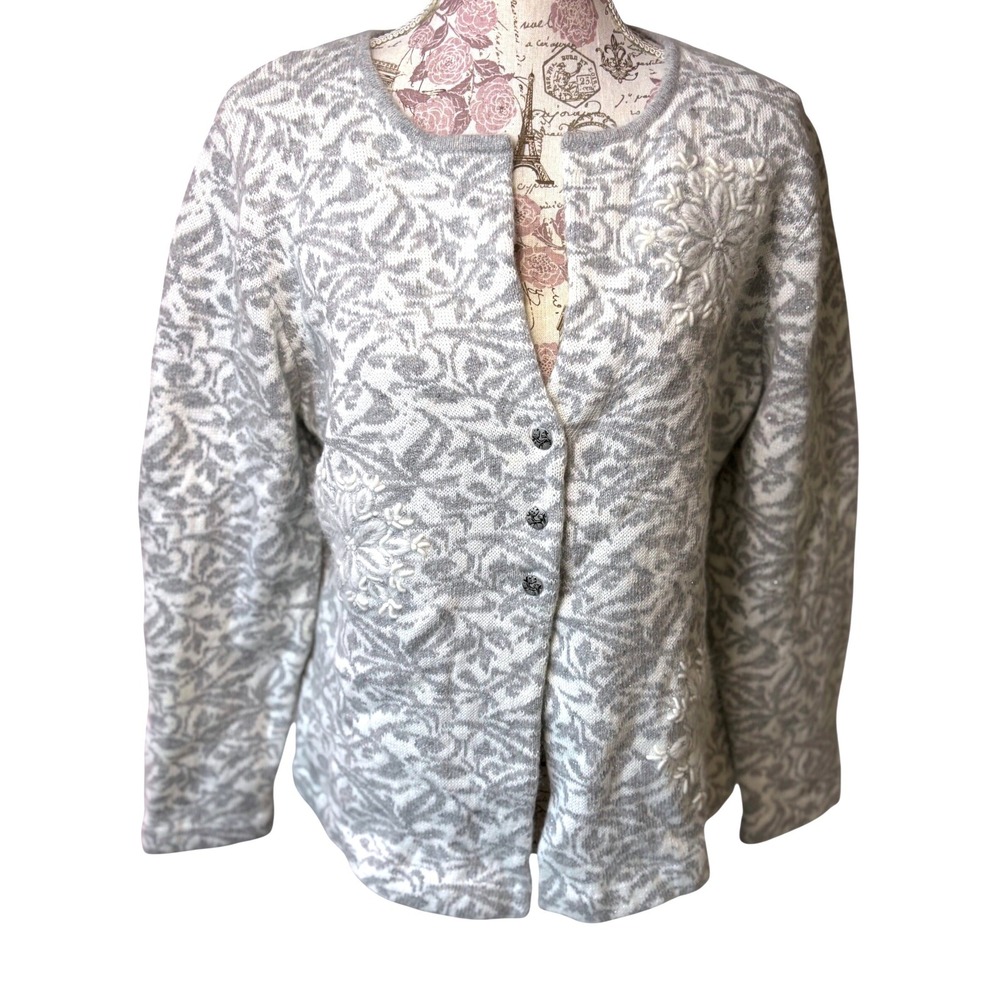 Women's Cottagecore Gray Snowflake Embroidered Cardigan Sweater XL Winter top